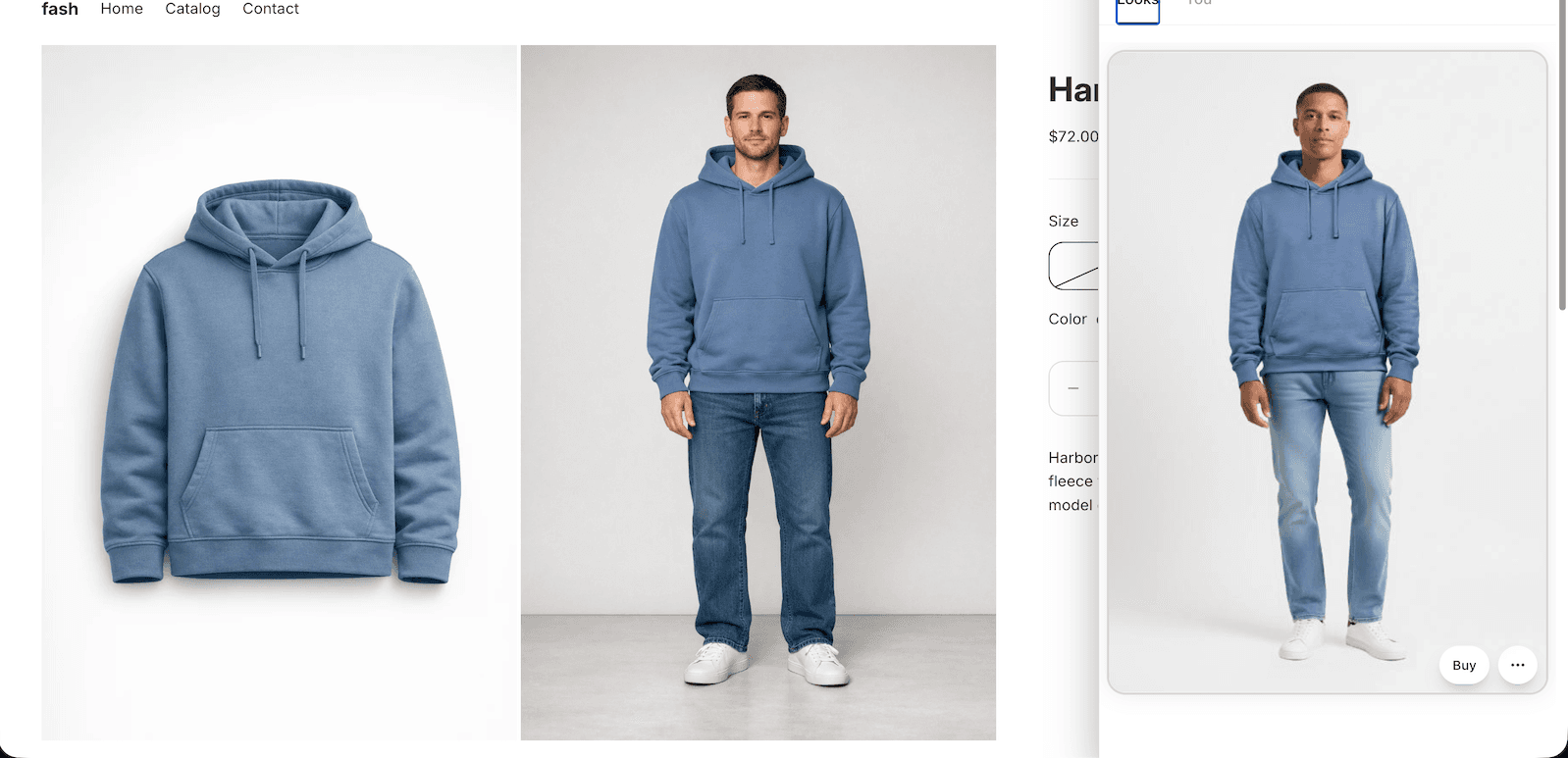 Shopify product page showing virtual try-on result with customer wearing a hoodie