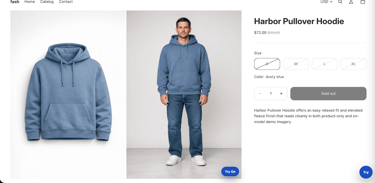 Shopify product page with Trylora try-on button